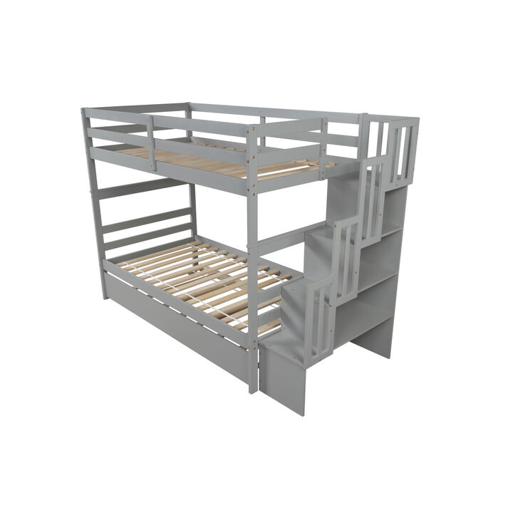 Bunk Beds Twin Over Twin Stairway Storage Function Gray