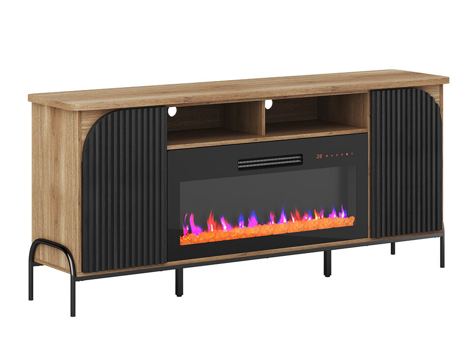 BELLEZE 68 Inch Fluted TV Stands with 36" Electric Fireplace,?Modern Fluted Entertainment Center with Open Storage Shelves& Cabinets, Media Console TV Cabinet For Living Room Bedroom (Camel)