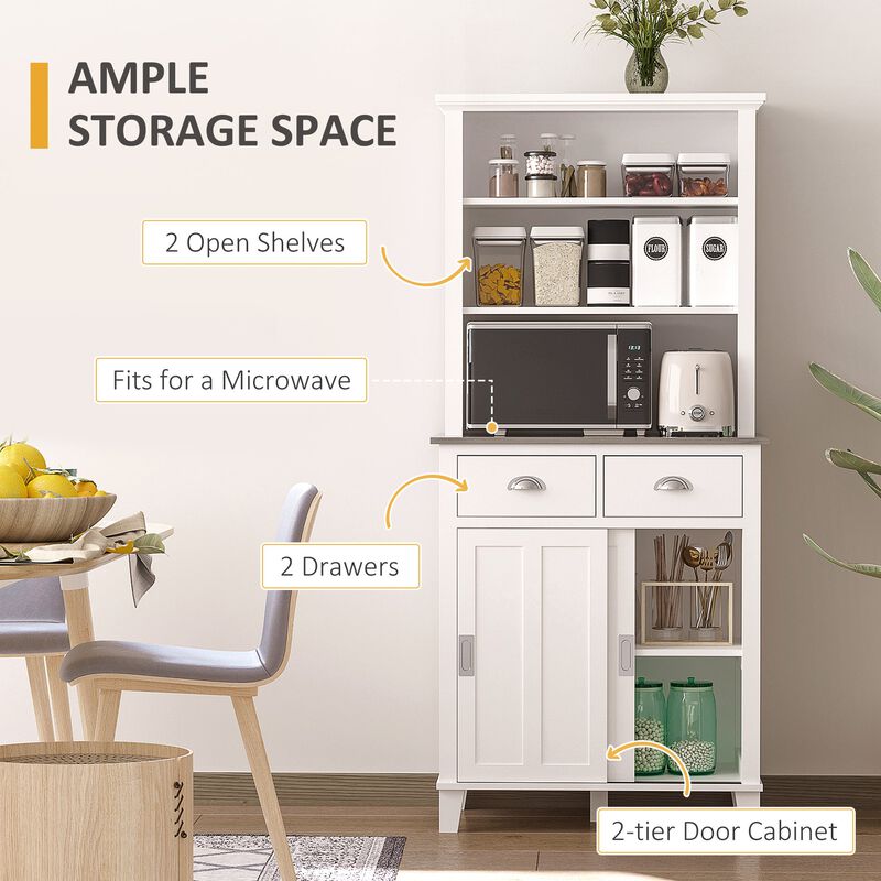 White Kitchen Storage: Cupboard Hutch with Sliding Doors and Drawers