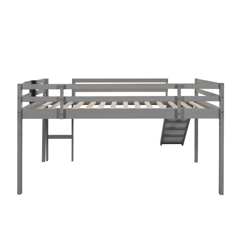 Full Size Loft Bed Wood Bed with Slide, Stair and Chalkboard