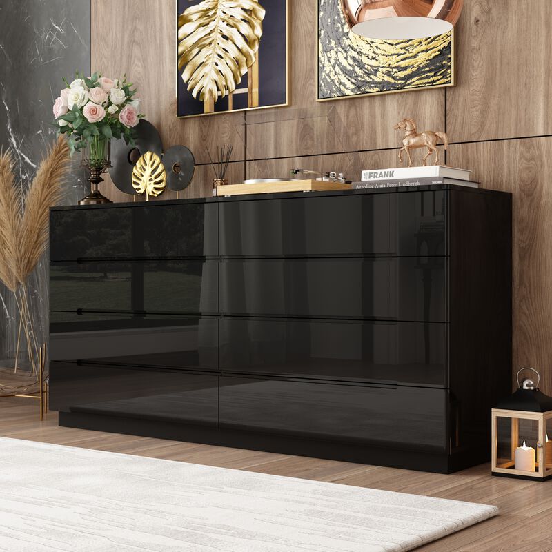 Black 8-Drawer 63 in. W Wood Double Dresser Chest of Drawers Bedroom Storage Organizer in With High Gloss and LED Lights