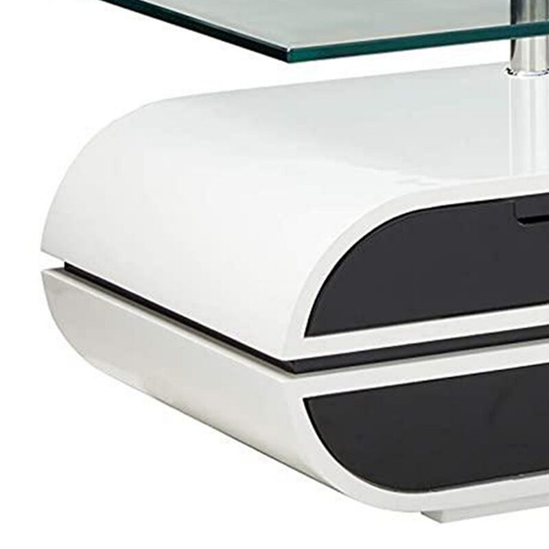 63 Inch TV Entertainment Console, Glass Top, Chrome Posts, Black, White - Benzara