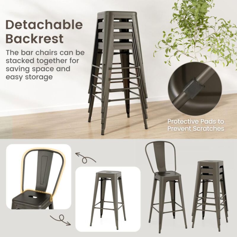 Hivvago Set of 4 Bar Height Chairs Stackable Metal Bar Stools with Removable Backrest