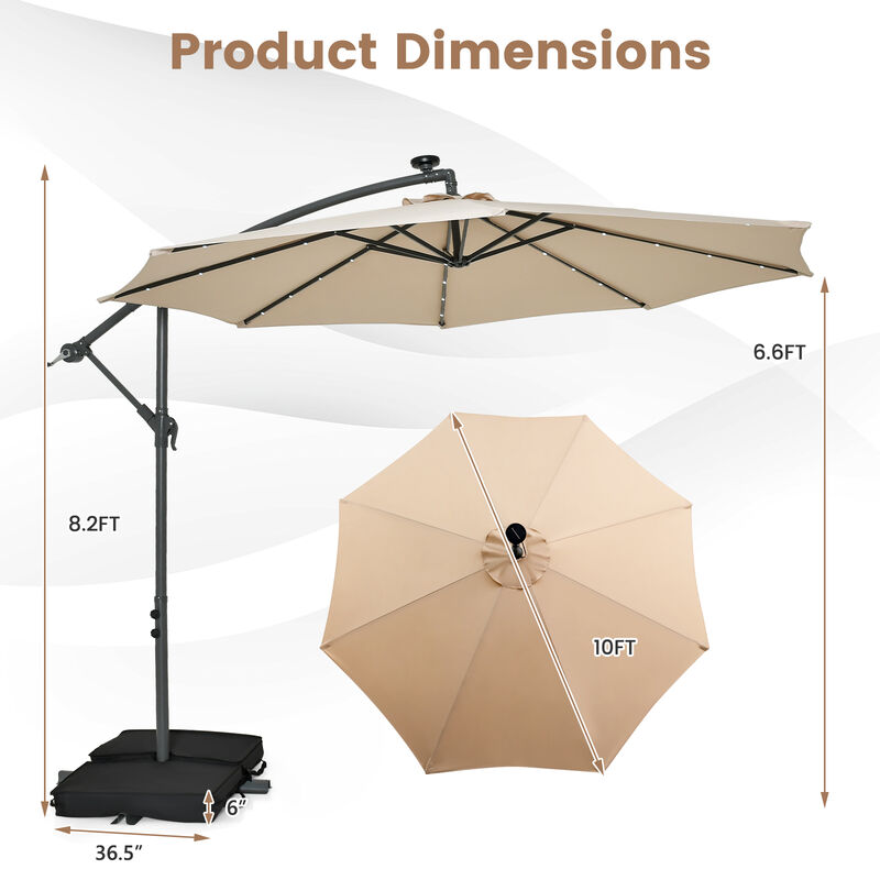 10-Foot Cantilever Umbrella with 32 LED Lights and Solar Panel Batteries for Outdoor Shade and Lighting