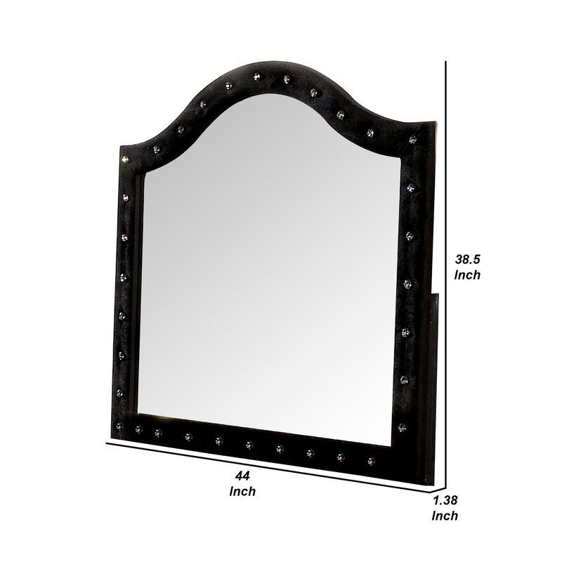 44 Inch Wall Mirror, Velvet Wrapping, Button Tufting, Black-Benzara