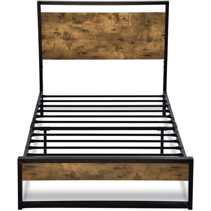 QuikFurn Twin size Metal Wood Platform Bed Frame with Industrial Headboard