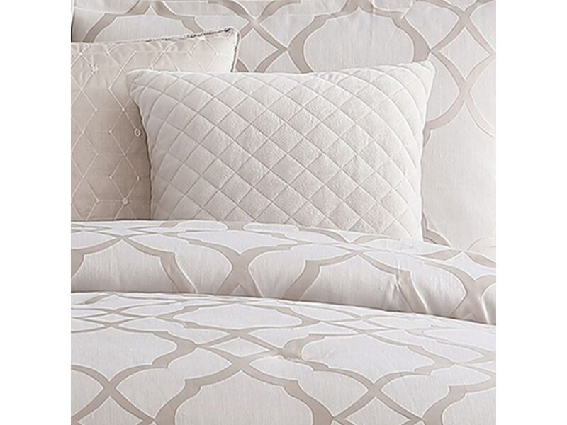 9pc Queen Size Comforter Set with Quatrefoil Prints, White Polyester - Benzara