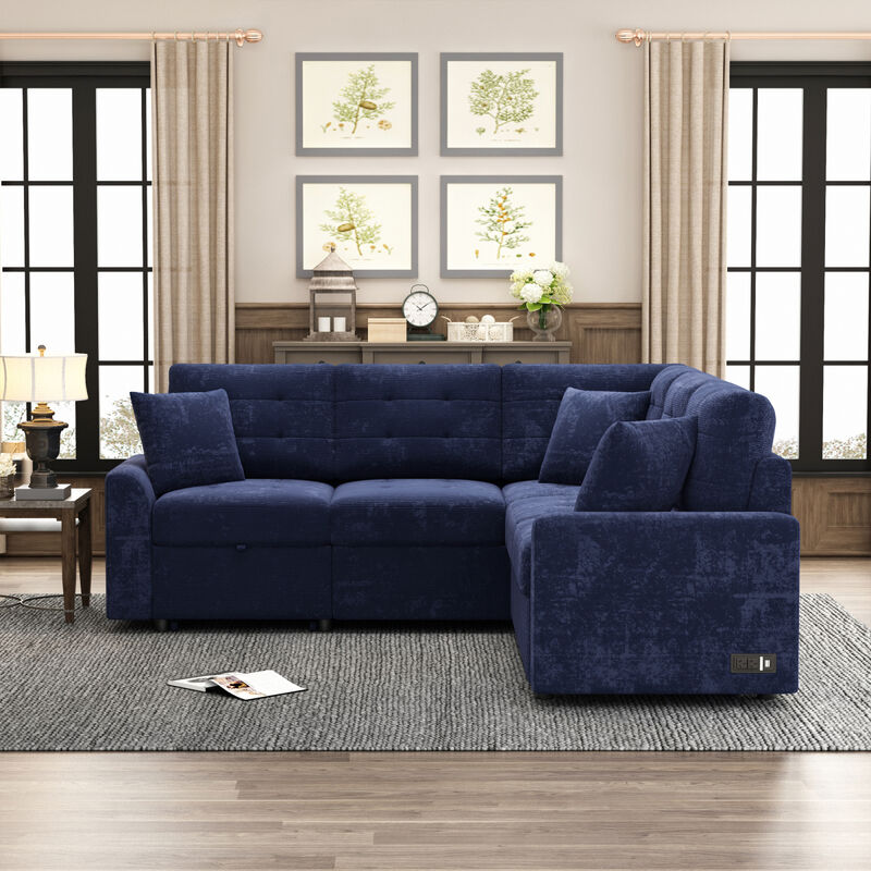 82.6" L-Shape Sofa Bed with USB Ports and Wheels, Navy Blue