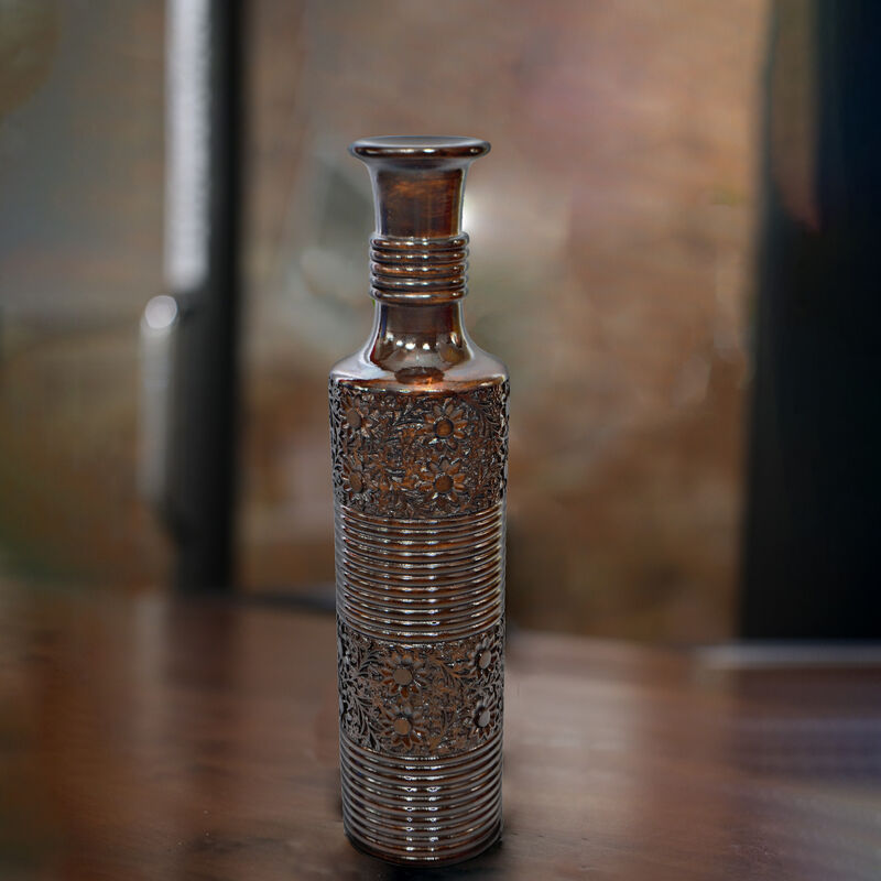 Antique Decorative Brown Hand Curved Mango Wood Floor Flower Vase with Unique Textured Pattern, 36 Inch