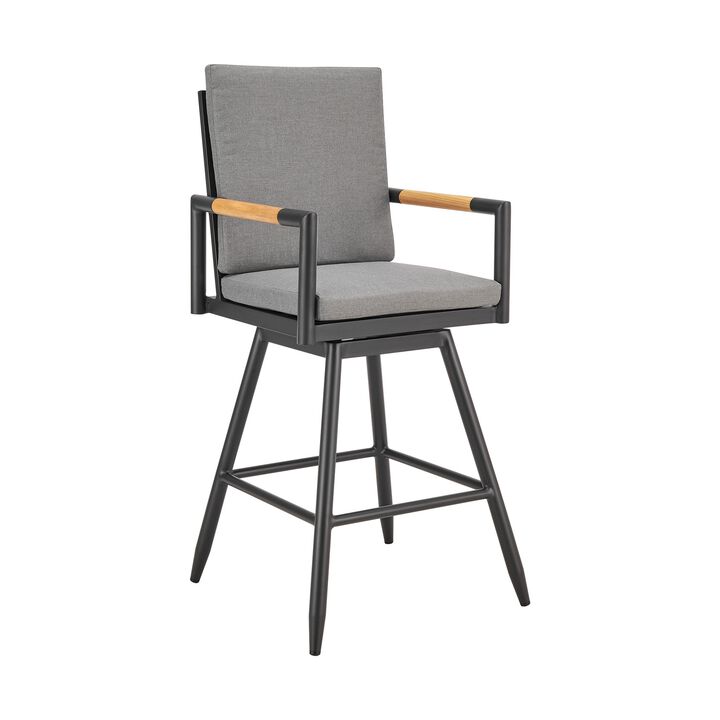 Razi 30 Inch Outdoor Swivel Barstool Chair, Black Aluminum, Gray Cushions - Benzara