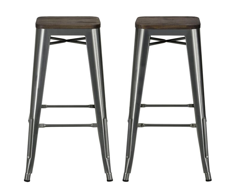 Atwater Living Zeno 30" Bar Stool with Wood Seat, Antique Gun Metal, Set of 2
