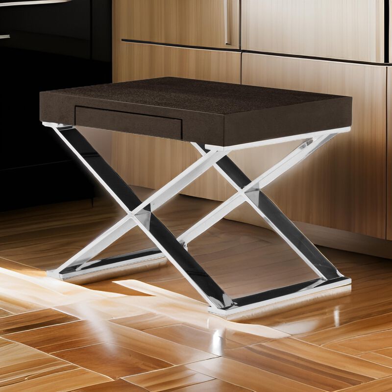 Rix 21 Inch Side End Table, 1 Drawer, X Steel Legs, Espresso Brown Wood - Benzara