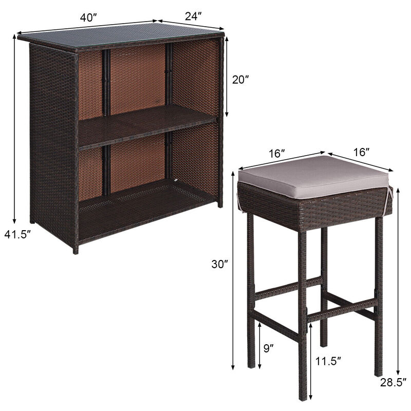 3PCS Patio Rattan Wicker Bar Table Stools Dining Set