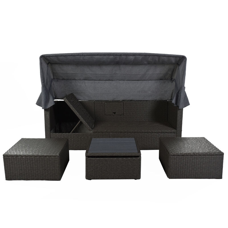 Outdoor Patio Rectangle Daybed With Retractable Canopy, Wicker Furniture Sectional Seating
