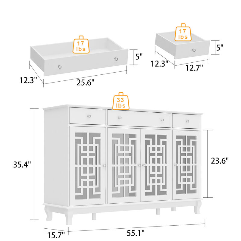 FUFU&GAGA White Buffet Cabinet with Storage & Drawers, MDF & Tempered Glass Construction (55.1" W x 35.4" H x 15.7" D), White