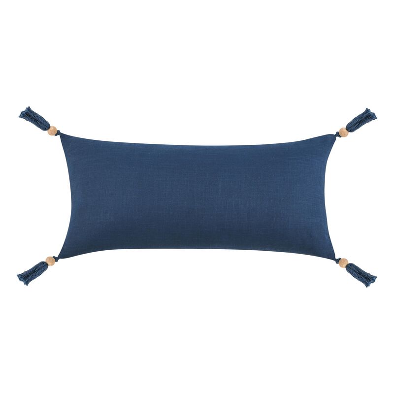 Chia Lumbar Throw Pillow, 16x36in Wood Bead Tassels, Light Gray Linen - Benzara