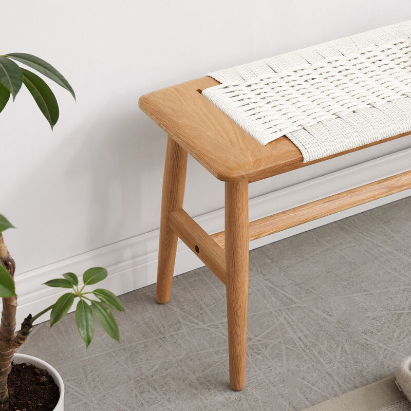 Design Natural Oak Wood Dining Bench Bed Bench For Dining Room, Bedroom, Bathroom (White)
