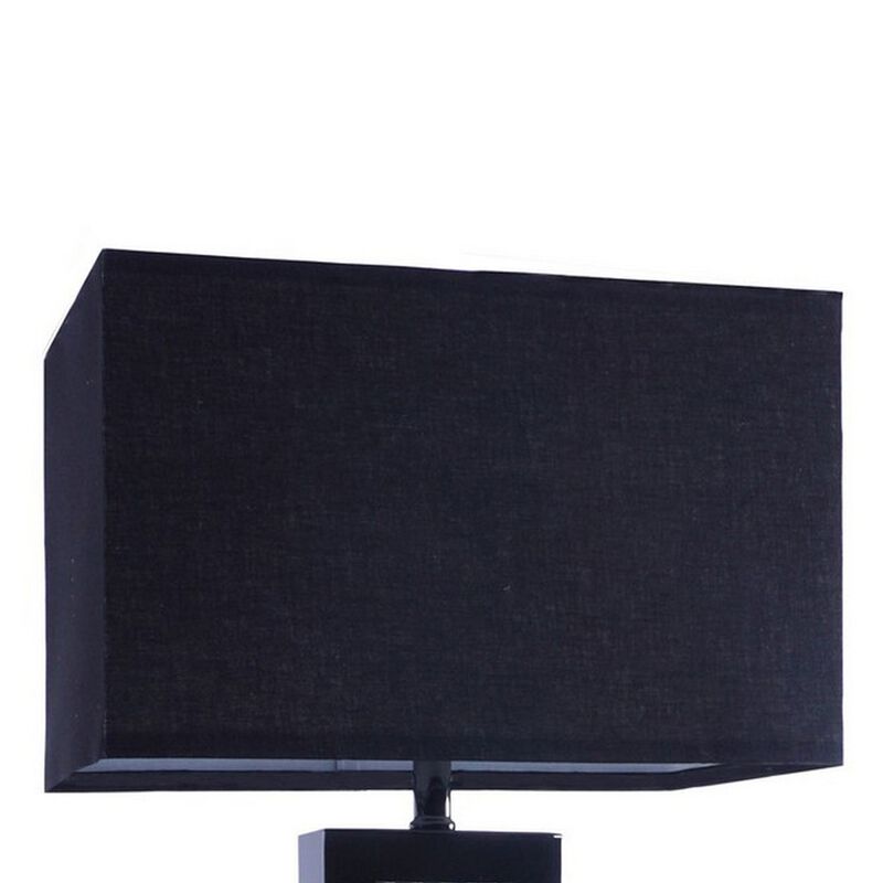 28 Inch Nickel Table Lamp, Black Fabric Shade, Glass Panel and LED Accents-Benzara
