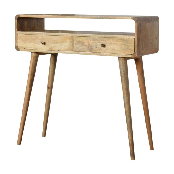 Curved Oak-ish 2 Drawer Solid  Wood Console Table