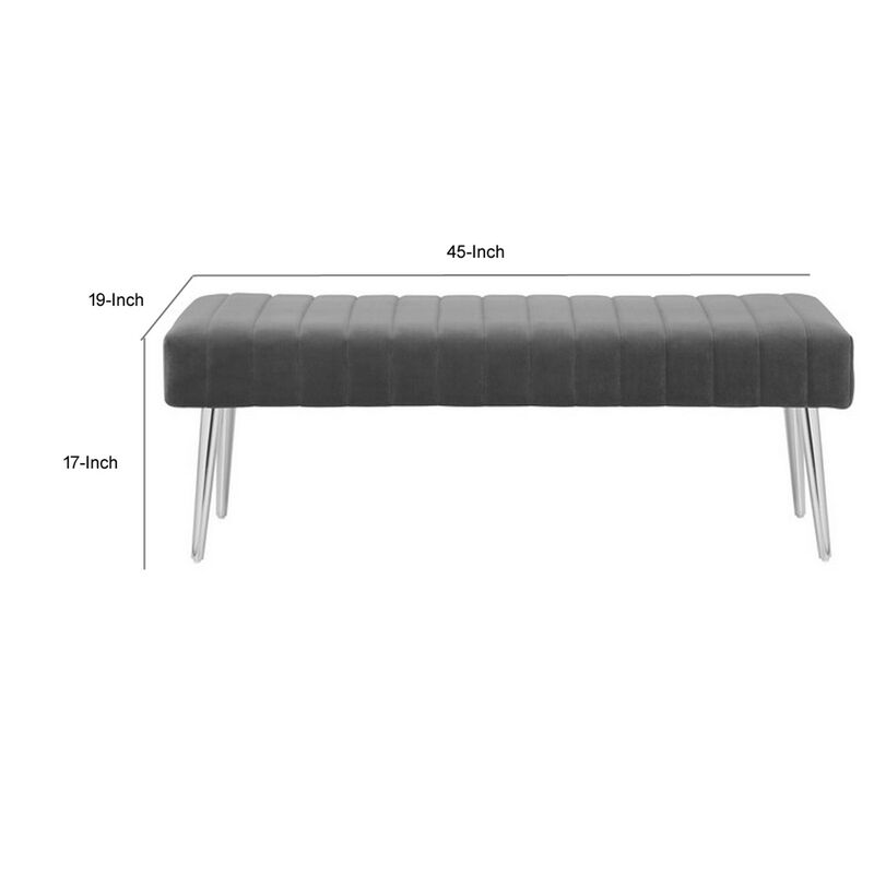 Lida 45 Inch Bench, Modern Tufted Lines, Gray Soft Velvet, Chrome Metal - Benzara