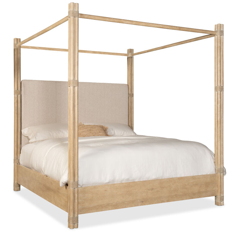 Retreat Pole Rattan Cal King Upholstered Poster Bed and Canopy