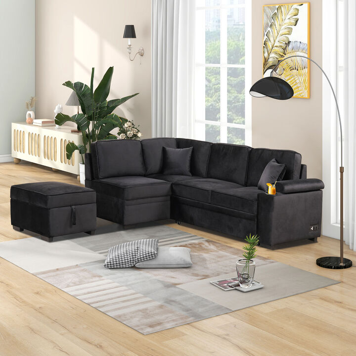 L-Shaped Sleeper Sofa with Storage Ottoman