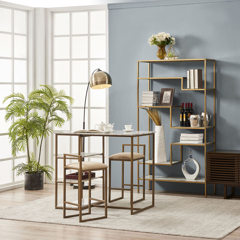 Teamson Home - Marmo  Breakfast Table Dining  Set with Faux Marble Top, Brass Finish