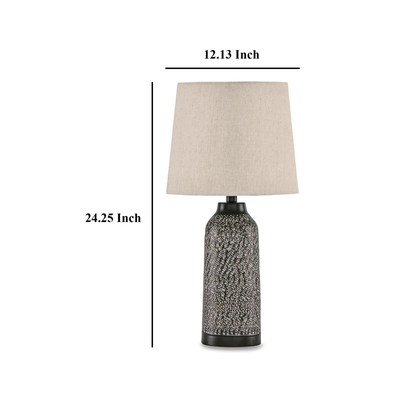 Table Lamp Set of 2, Beige Drum Shade, Black Hammered Motif Metal Base - Benzara