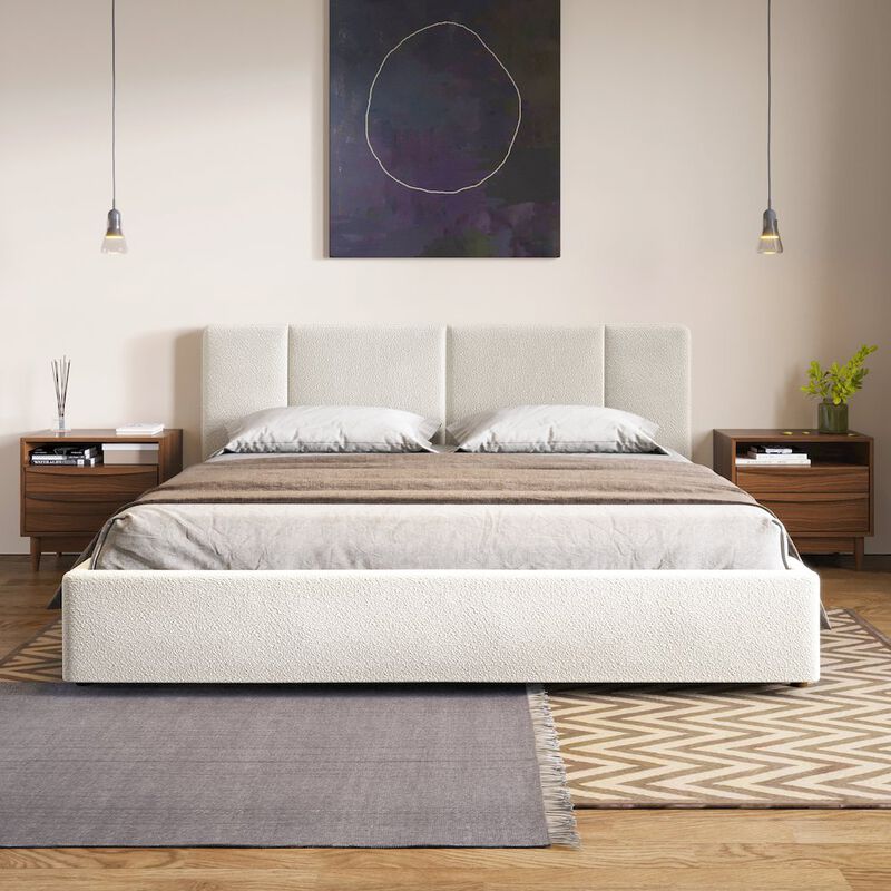 Omax Decor Venice Upholstered Platform King Bed in Cream Beige Boucle Fabric