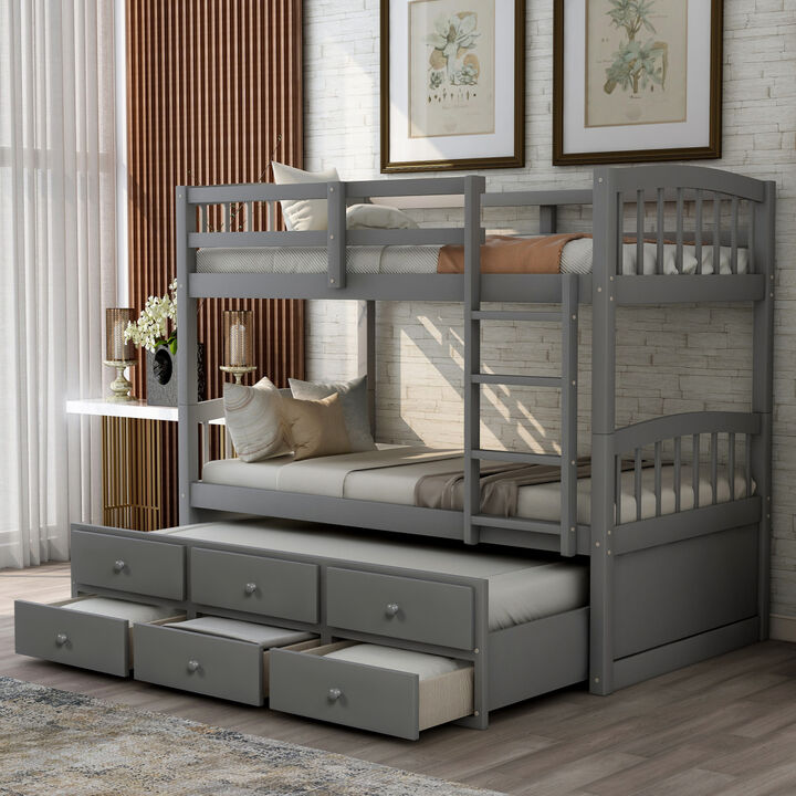 Twin Bunk Bed With Ladder, Safety Rail, Twin Trundle Bed With 3 Drawers For Teens Bedroom