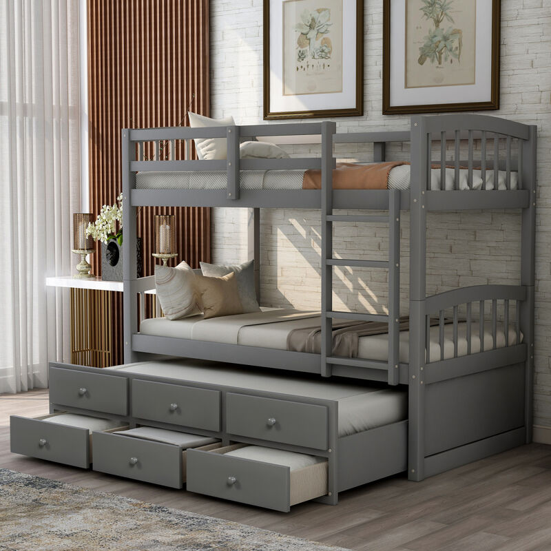 Twin Bunk Bed With Ladder, Safety Rail, Twin Trundle Bed With 3 Drawers For Teens Bedroom