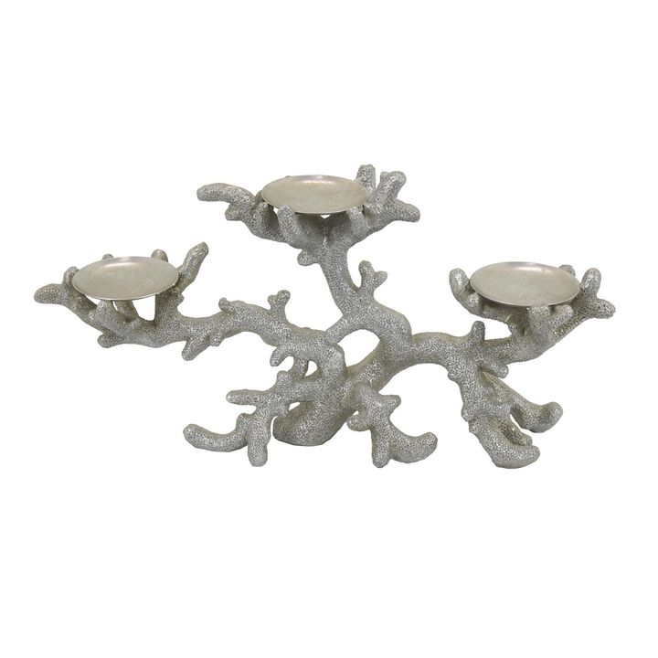 Coral Decor with 3 Round Candle Holders, Natural Silver Resin, 21 Inch - Benzara