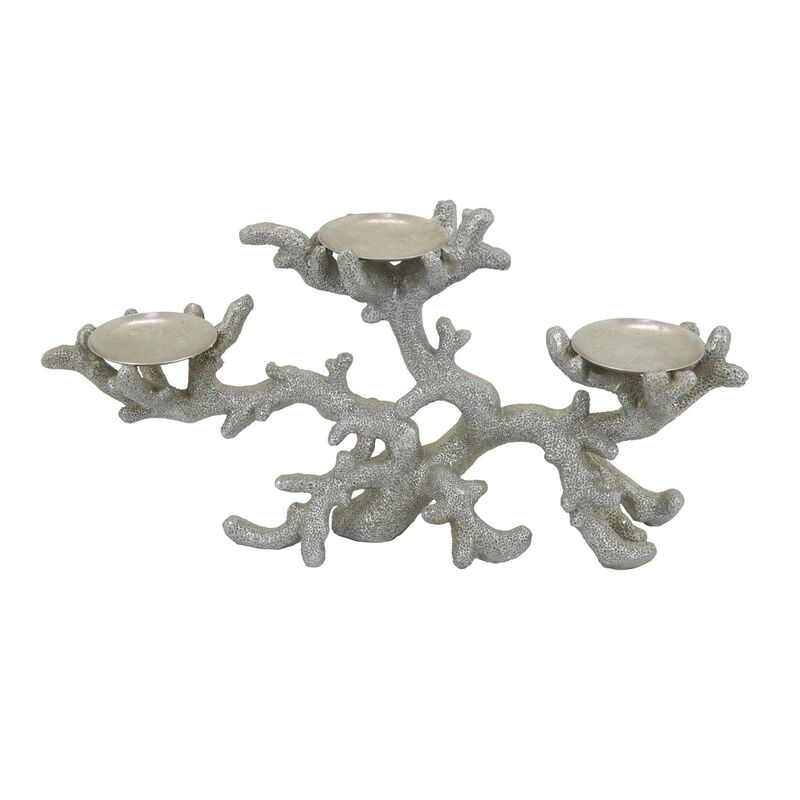 Coral Decor with 3 Round Candle Holders, Natural Silver Resin, 21 Inch - Benzara
