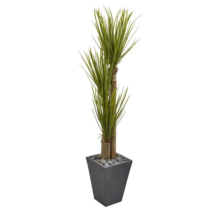 Nearly Natural 5.5-in Triple Stalk Yucca Artificial Plant in Slate Planter