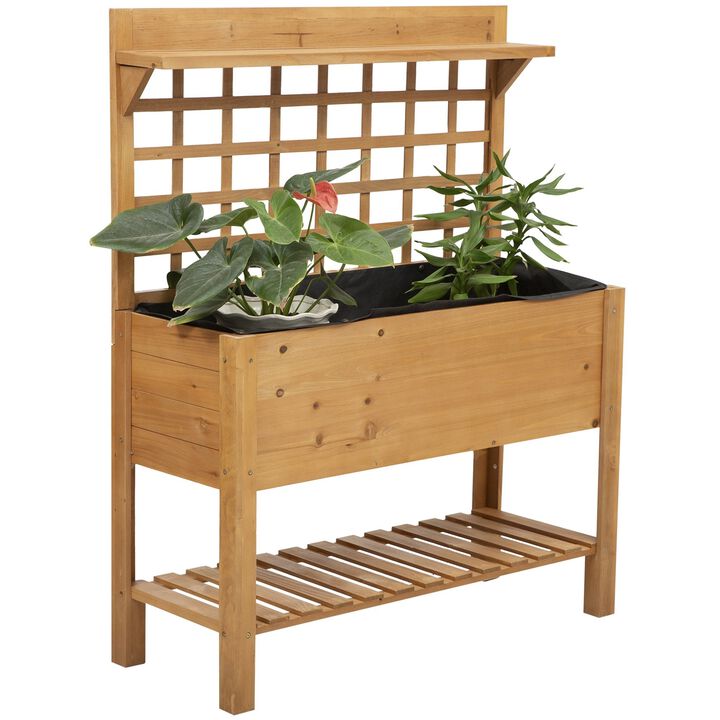 Hivvago Solid Fir Wood Trellis Elevated Garden Raised Planter Bed with Wheels