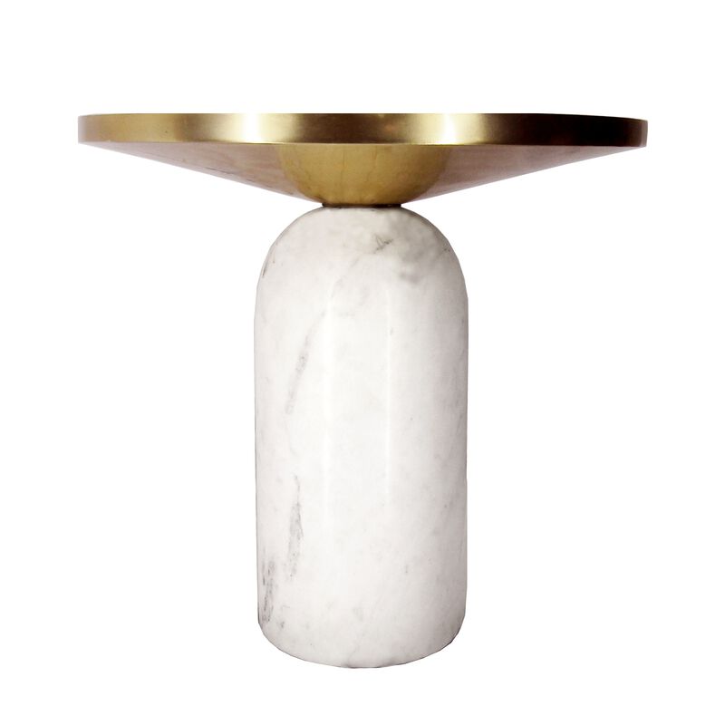 17 Inch Round Brass Modern Accent End Table with Cylindrical Marble Base, Brass, White-Benzara
