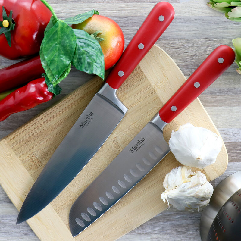Martha Stewart 14 Piece Stainless Steel Cutlery Set in Red with Acacia Wood Storage Block