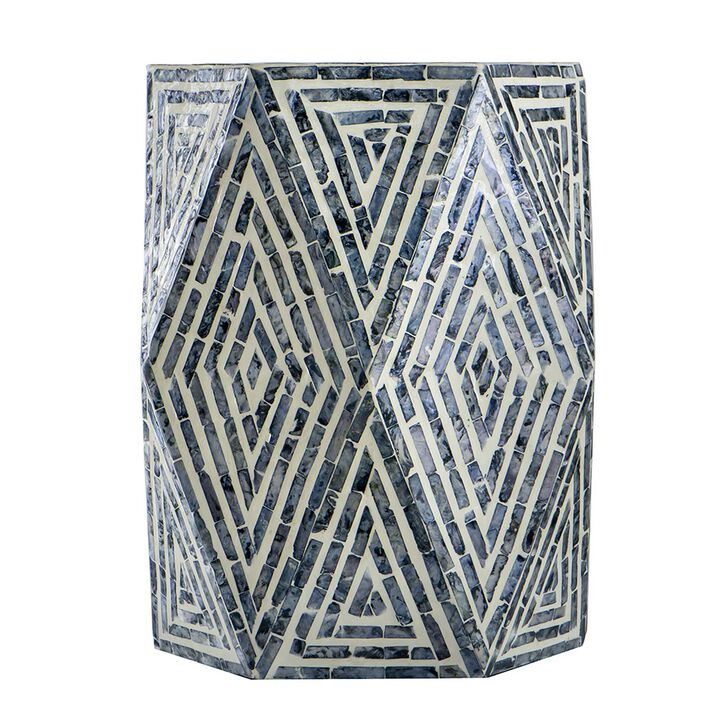 18 Inch Accent Table Stool, Hexagonal Design, Diamond Pattern, Blue, White - Benzara