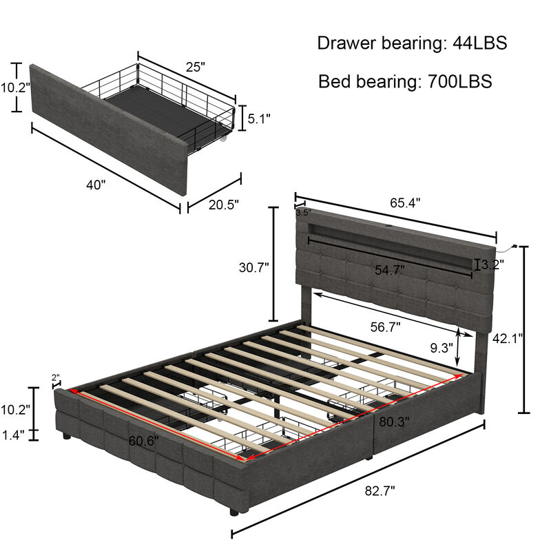 FUFU&GAGA Grey Upholstered Full-Size Bed Frame with Storage Drawers (65.4" W x 82.7" L x 42.1" H),Grey