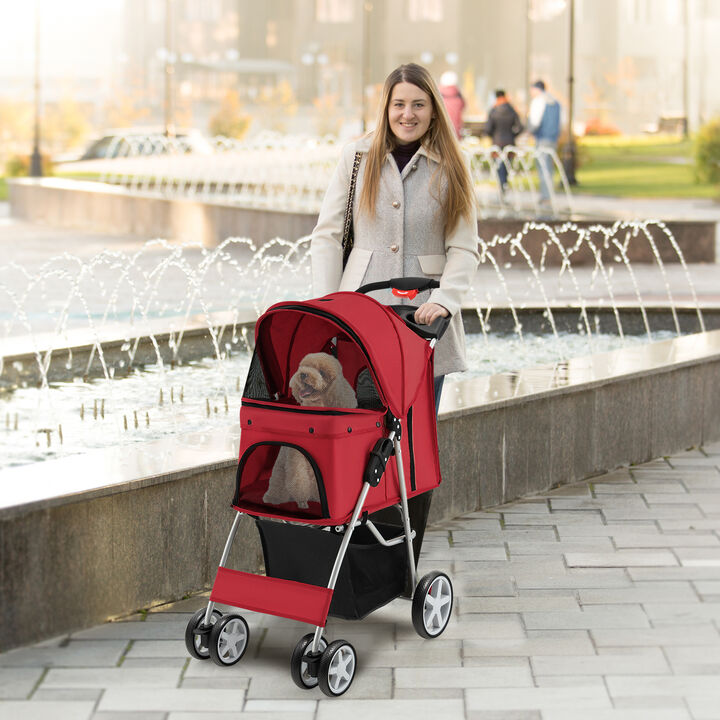 Folding Pet Stroller with Storage Basket and Adjustable Canopy-Gray