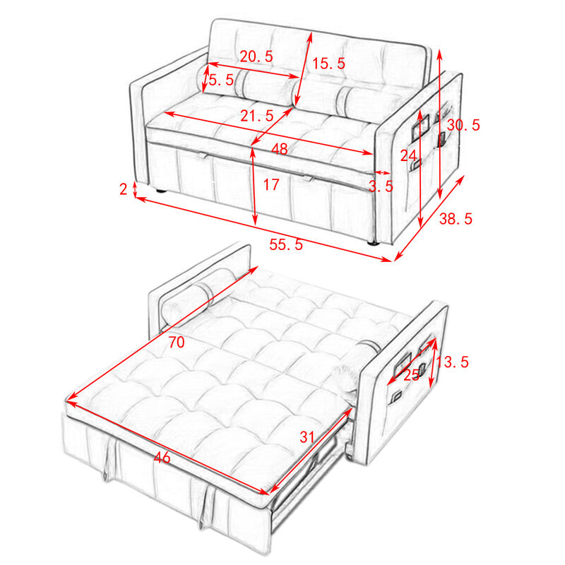 Modern 55.5" Pull Out Sleep Sofa Bed 2 Seater Loveseats Sofa Couch With Side Pockets