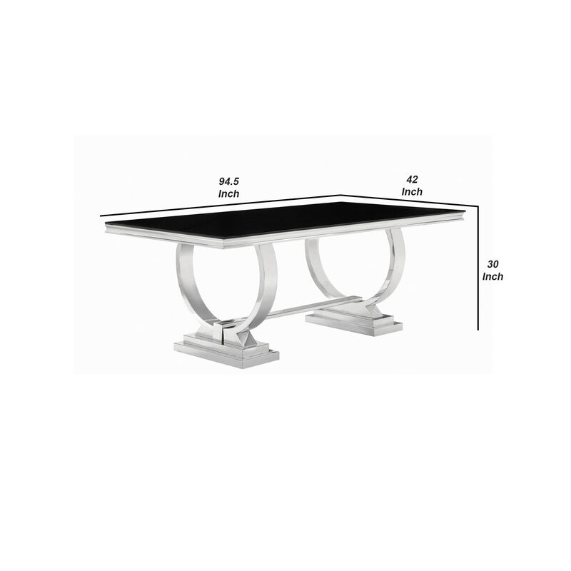 Dining Table with Glass Top and Trestle Base, Black and Chrome - Benzara