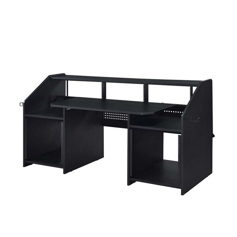71 Inch Wood Music Studio Desk, Keyboard Tray, Monitor Top, Black-Benzara