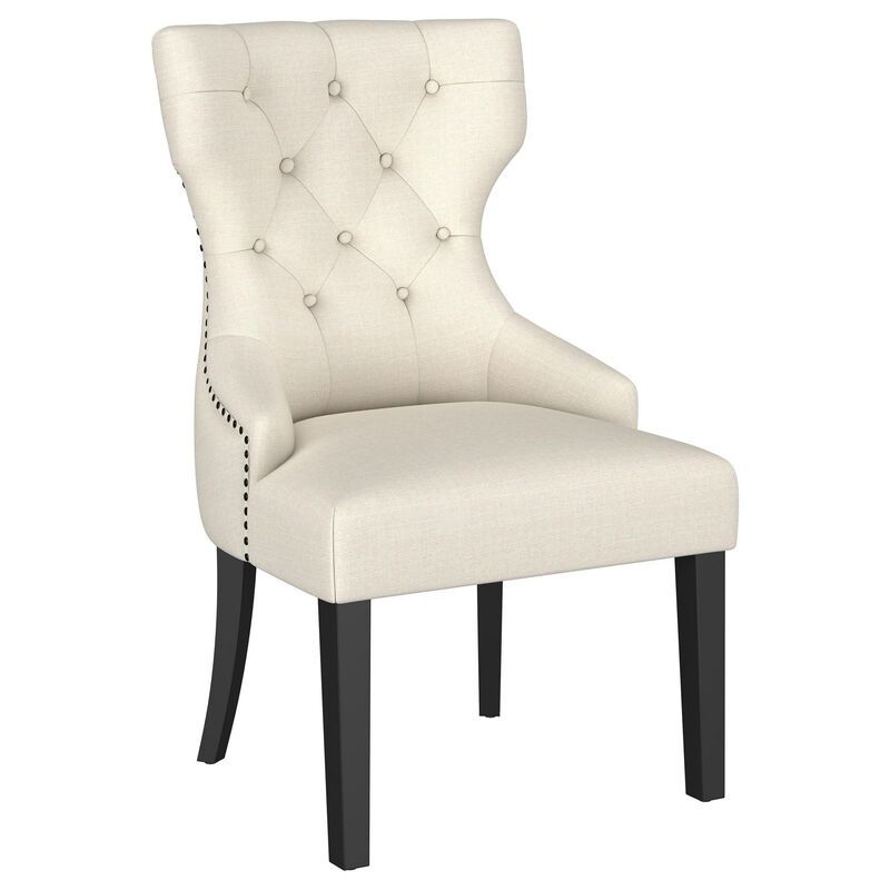 Aney Dining Side Chair, Curved Barrel Design, Beige Fabric, Black Wood - Benzara