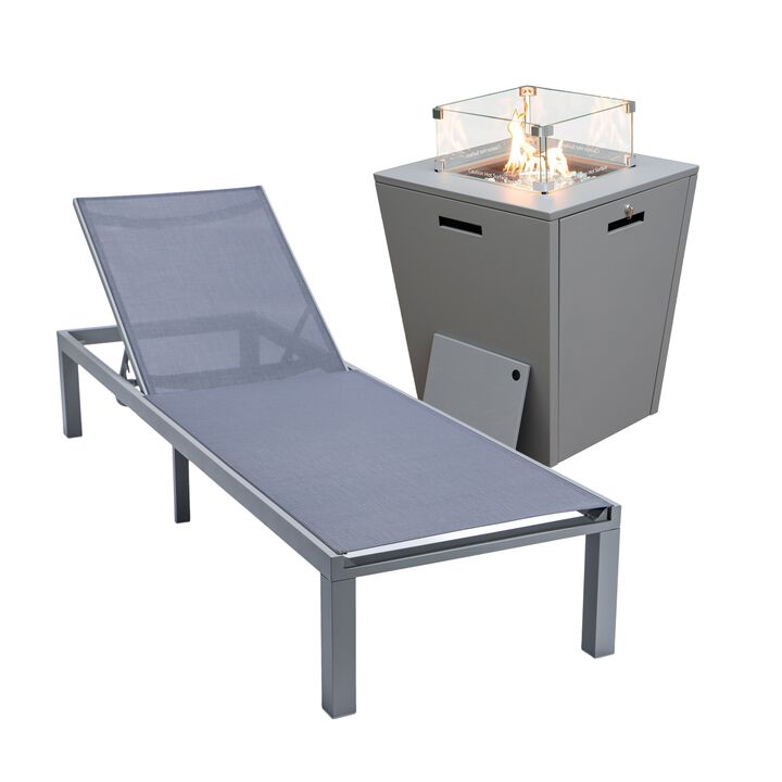 LeisureMod Marlin Modern Black Aluminum Outdoor Patio Chaise Lounge Chair in Grey Frame with Square Fire Pit Side Table