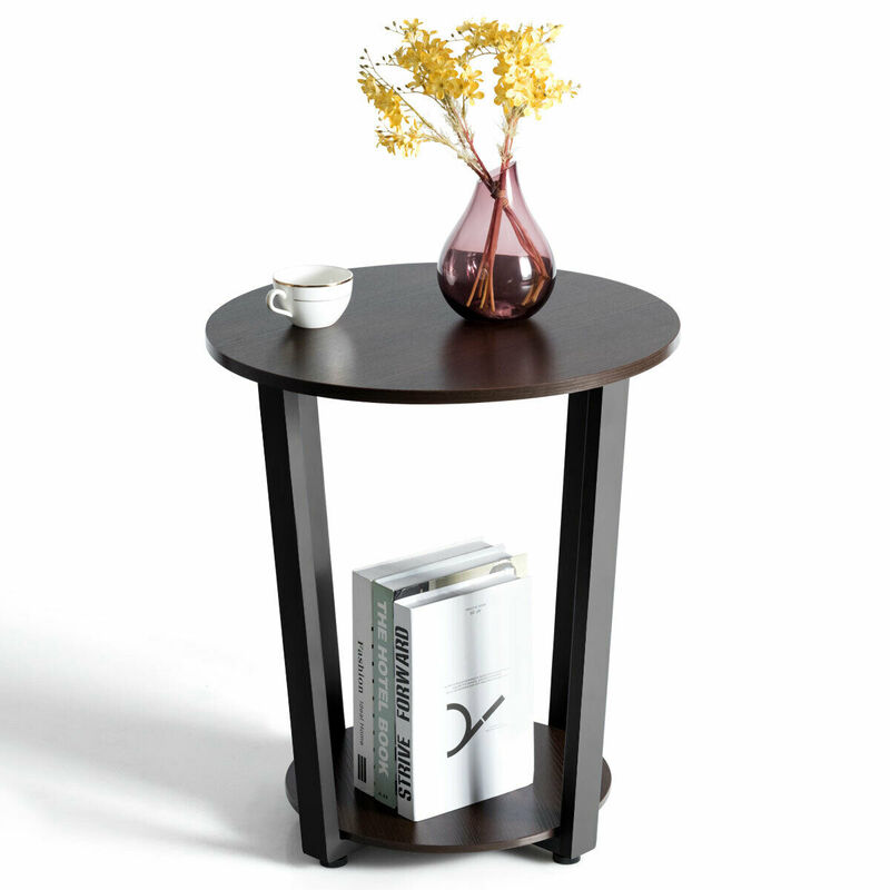2-tier Round End Table with Storage Shelf & Metal Frame