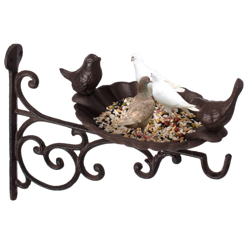 Outdoor Garden Wall Mounted Hanging Iron Bird Bath and Feeder Decor, Bronze