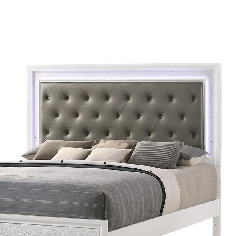 Benjara Lise King Size Bed, Fabric Upholstery, LED Lit, Modern Wood, White and Gray
