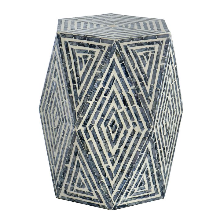 18 Inch Accent Table Stool, Hexagonal Design, Diamond Pattern, Blue, White - Benzara