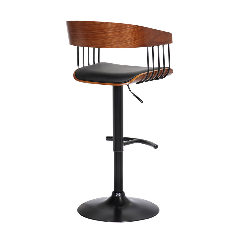 Larisa Adjustable Walnut Wood Stool in Black Faux Leather with Black Metal